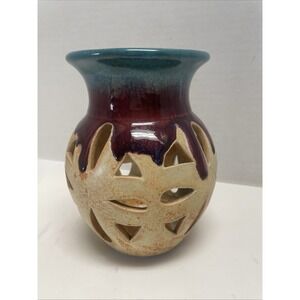 Pottery Luminary Candle Votive/Tealight Holder Hand Crafted Drip Glazed RAD